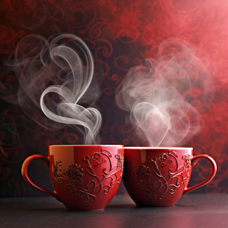 Cups of tea or coffee with steam in two heart shape, by ai generativeの素材
