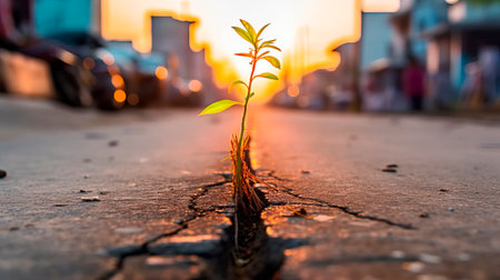 plant grows from cracked dry land on blurred background, by ai generativeの素材