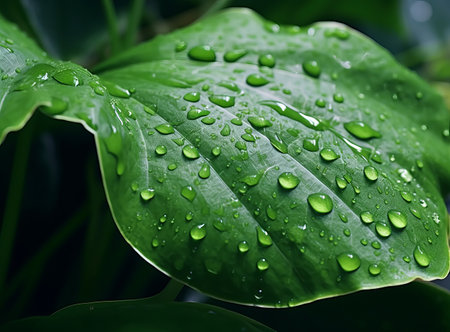close up of a green leaf with water droplets on it. Fresh, juicy, beautiful tree leaf closeup. Summer, spring background., by ai generativeの素材