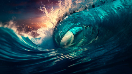 A wave of clear water tube in close up at sunset, perfect wave in the ocean, by ai generativeの素材