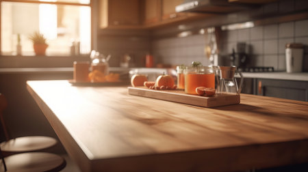 Empty wood table top counter and blur bokeh, blurred modern kitchen interior background in clean and bright concept, ready for product montage, by ai generativeの素材