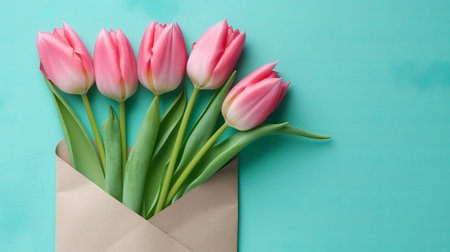 Pink tulips on blue background in envelope. Flat lay top view, mothers day with love, by ai generativeの素材