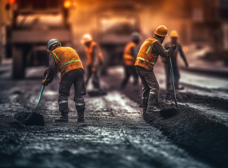 workers placing new coating of asphalt on the road, by ai generativeの素材