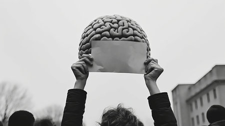 brain hold protest sign in hand on town background, card with space for inscriptions, by ai generativeの素材