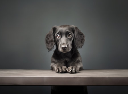 dog looking over the table and  Sits at the table like  human being, lots of free space for mounting products, by ai generativeの素材