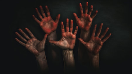 hands asking for help from people closeup. hand reaching up, salvation of mankind concept, by ai generativeの素材