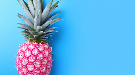 Painted pink pineapple on a blue background, top view with space for text. Creative concept, by ai generativeの素材
