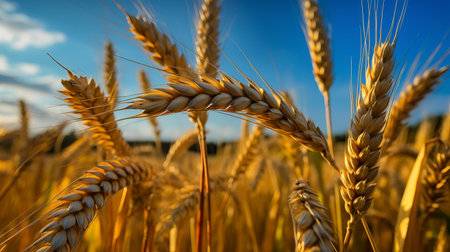 Close up of wheat ears field of wheat in a summer day, by ai generativeの素材