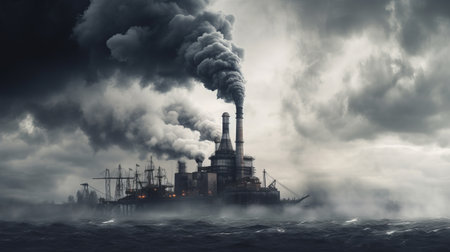 Thick and heavy smoke coming out of huge and high chimney of factory. smoke at waste or oil products processing plant. fire at nuclear power plant, by ai generativeの素材