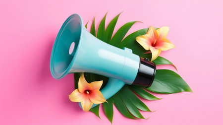 megaphone in hands with flowers on pink background, by ai generativeの素材