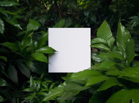 square blank white paper in green leaves of jungle, by ai generativeの素材