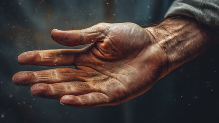 elderly hand asking for help from people closeup. hand reaching up, salvation of mankind concept, by ai generativeの素材