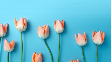 beautiful tulips on blue background. Flat lay top view, mothers day with love.  top view, by ai generativeの素材