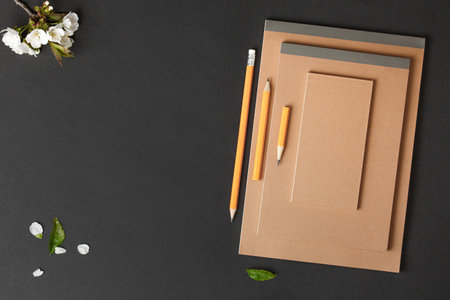 Brown notebook with yellow pencil pen.の写真素材