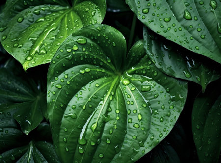 close up of a green leaf with water droplets on it. Fresh, juicy, beautiful tree leaf closeup. Summer, spring background., by ai generativeの素材