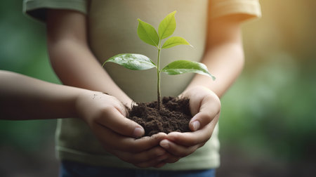 small young plant is passed from hand to hand on blurred background of plants and vegetable garden. Concept of Save World, Earth day and Community Engagement, by ai generativeの素材