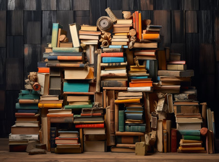 big mountain of books in the room, a big mess of books and incidental books, by ai generativeの素材