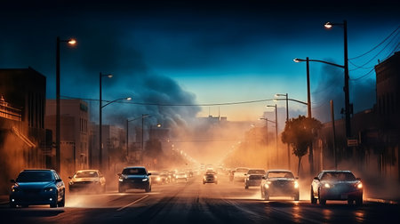 accidents with fire and a lot of smoke on the road, traffic jam on the highway. smoke from an explosion in the distance in the background, by ai generativeの素材