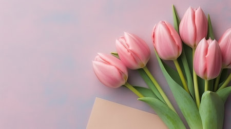 Pink tulips on pink background in envelope. Flat lay top view, mothers day with love, by ai generativeの素材