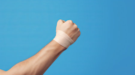 bandaging patients injured arm on blue background, by ai generativeの素材