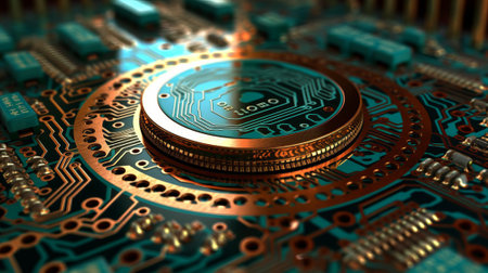 Futuristic glowing CPU quantum computer processor. 3D illustration of computer board, by ai generativeの素材