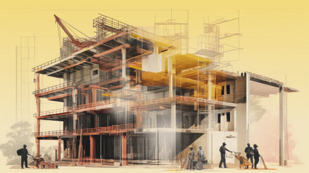 engineer working. digital building construction engineering with double exposition in graphic, by ai generativeの素材