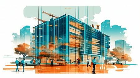 engineer working. digital building construction engineering with double exposition in graphic, by ai generativeの素材