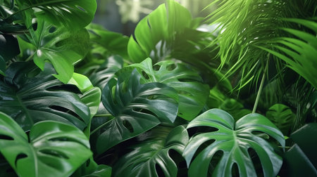 green tropical leaves background, concept of exotic plants for wild forest in jungle for wallpaper, ultra wide format, by ai generativeの素材