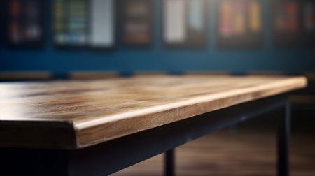Empty wood table top counter and blur bokeh, blurred classroom interior background in clean and bright concept, ready for product montage, by ai generativeの素材