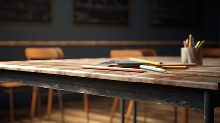 Empty wood table top counter and blur bokeh, blurred classroom interior background in clean and bright concept, ready for product montage, by ai generativeの素材