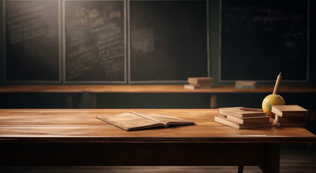 Empty wood table top counter and blur bokeh, blurred school interior background in clean and bright concept, ready for product montage, by ai generativeの素材