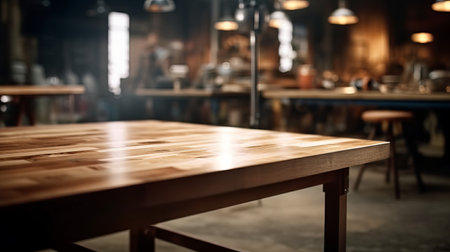 Empty wood table top counter and blur bokeh, blurred modern workshop interior background, ready for product montage, by ai generativeの素材