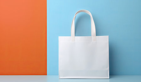 tote bag with blank design in front of an blue background, in the style of consumer culture, white canvas tote bag mockup, by ai generativeの素材