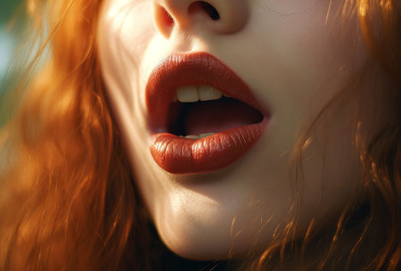 beautiful woman with long hair showing her mouth, woman makes a tongue pop out of her mouth, by ai generativeの素材