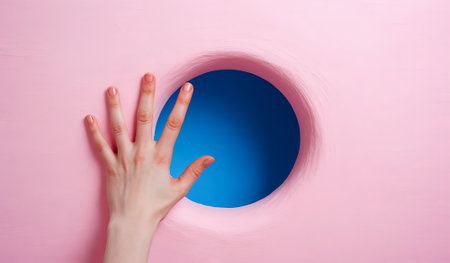 person putting a hand around a pink hole, in the style of minimalist composition, pink and blue, surreal pop, realist detail, handheld, by ai generativeの素材