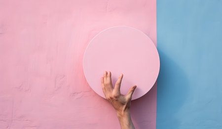 person putting a hand around a pink hole, in the style of minimalist composition, pink and blue, surreal pop, realist detail, handheld, by ai generativeの素材