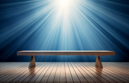 empty room interior with sunlight coming through the window and shadow lighting with spotlight, showroom studio with wooden floor and blue wall, minimal concept, by ai generativeの素材