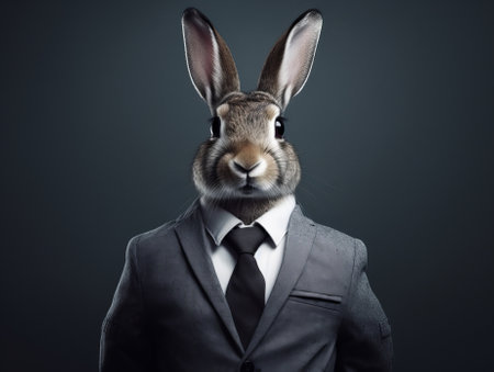 man with rabbit head in business suit, loser male in suit. businessman newbie or beginner, crypto trader concept, by ai generativeの素材