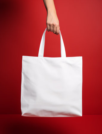 person holding tote bag with blank design in front of an red background, in the style of consumer culture, white canvas tote bag mockup, by ai generativeの素材