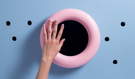 person putting a hand around a pink hole, in the style of minimalist composition, pink and blue, surreal pop, realist detail, handheld, by ai generativeの素材