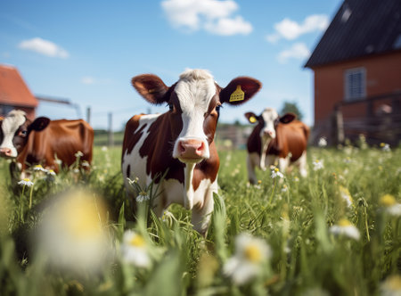 cows graze on the field near the farm, natural farming and animal husbandry, by ai generativeの素材