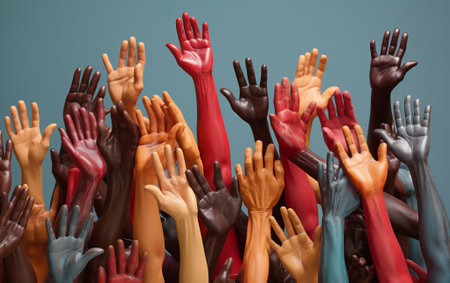 group of colored hands rising in the air, several colorful hand prints with the symbol for democracy, many colorful arms in different colors, by ai generativeの素材
