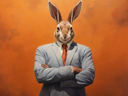 man with rabbit head in business suit, loser male in suit. businessman newbie or beginner, crypto trader concept, by ai generativeの素材