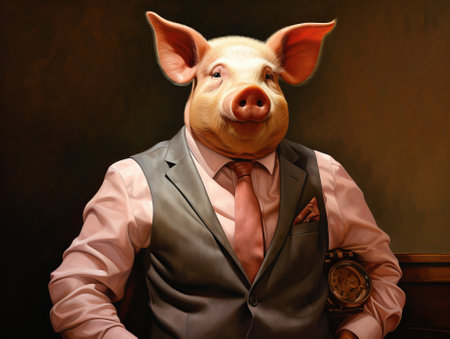man with pig head in business suit, loser male in suit. businessman newbie or beginner, crypto trader concept, by ai generativeの素材