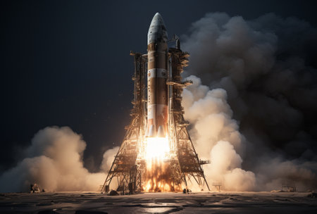 rocket is fired up to launch a launch pad. acroecosmosphere spacecraft launch, by ai generativeの素材