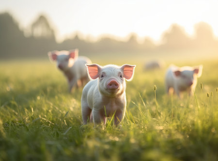small pigs on a green field near grass and crops on the back of farm, by ai generativeの素材