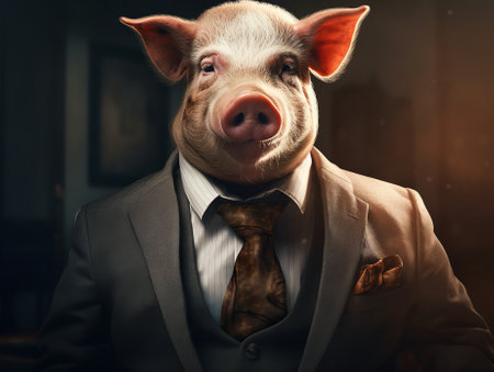 man with pig head in business suit, loser male in suit. businessman newbie or beginner, crypto trader concept, by ai generativeの素材