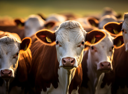 cows graze on the field near the farm, natural farming and animal husbandry, by ai generativeの素材
