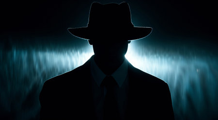 man wearing hat and trenchcoat is standing in front of dark background, spy watches from the dark, killer waits in the dark, by ai generativeの素材