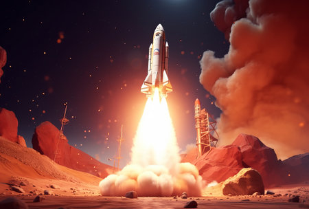 rocket is fired up to launch a launch pad. acroecosmosphere spacecraft launch, by ai generativeの素材